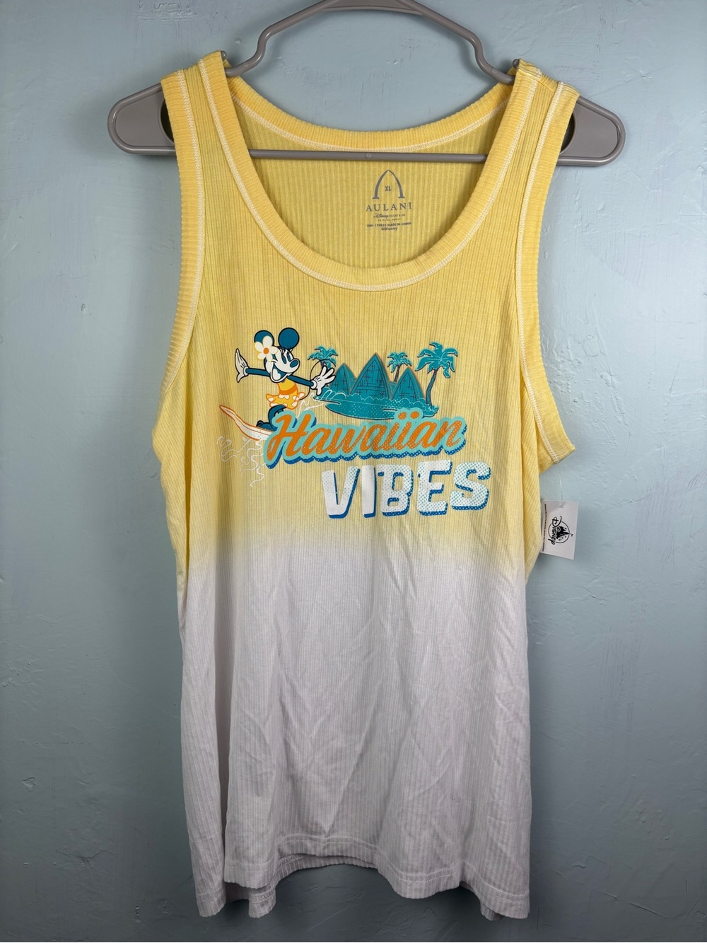 Disney Aulani Resort Yellow and White "Hawaiian Vibes" Tank Top w/ Minnie Mouse